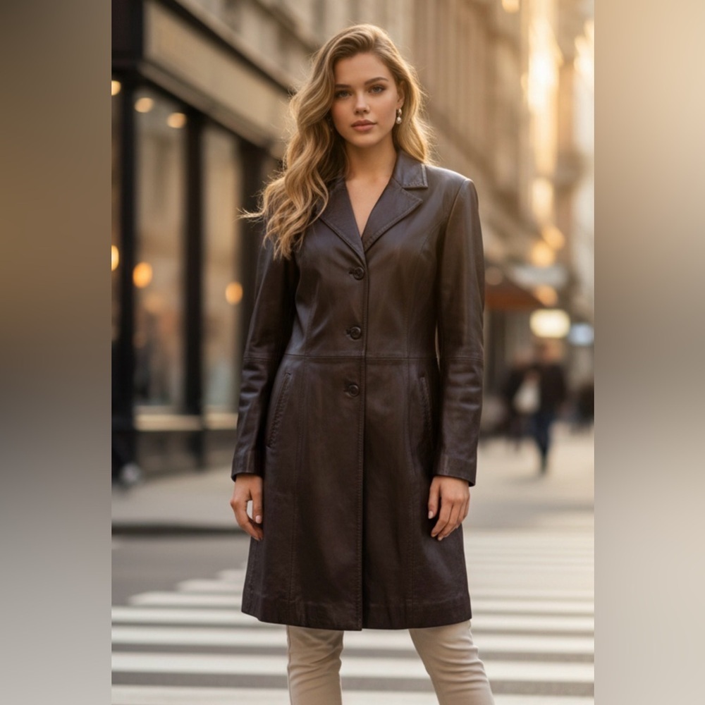 Elegant Women's Dark Brown Leather Coat
